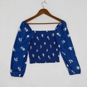 Abercrombie & Fitch Womens Blouse Top S Blue Short Smocked Long Puff Sleeves